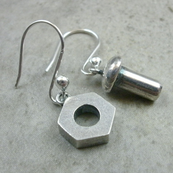 Nut & Bolt Earrings in Sterling Silver - PartsbyNC Industrial Jewelry
