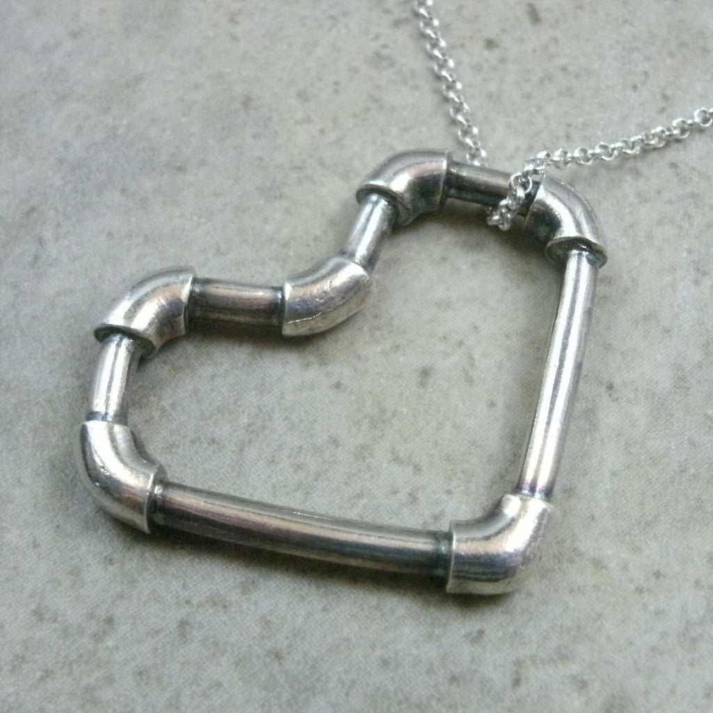 Lead Pipe Heart Necklace in Fine Silver - PartsbyNC Industrial Jewelry
