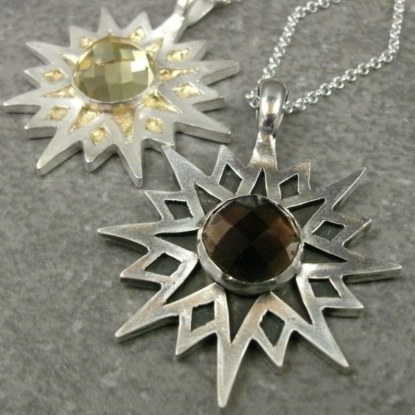 Sun Star Pendant in Fine Silver with 10mm Quartz Cabochon - PartsbyNC Industrial Jewelry