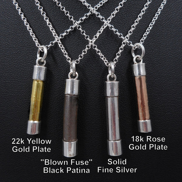 Fuse Necklace Finish Options for The Fuse Collection from Forged Mettle Jewelry - 22k Yellow Gold, Black Patina, Solid Fine Silver, & 18k Rose Gold